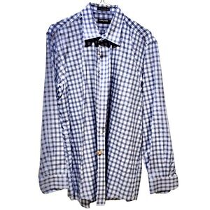 MENS Kirkland Signature Blue & White Plaid Dress Shirt 17 1/2- 36 100% Cotton